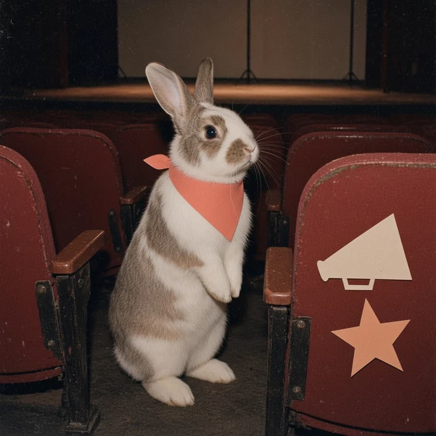 Cue, a white-and-brown rabbit in theater seats with a coral paper scarf