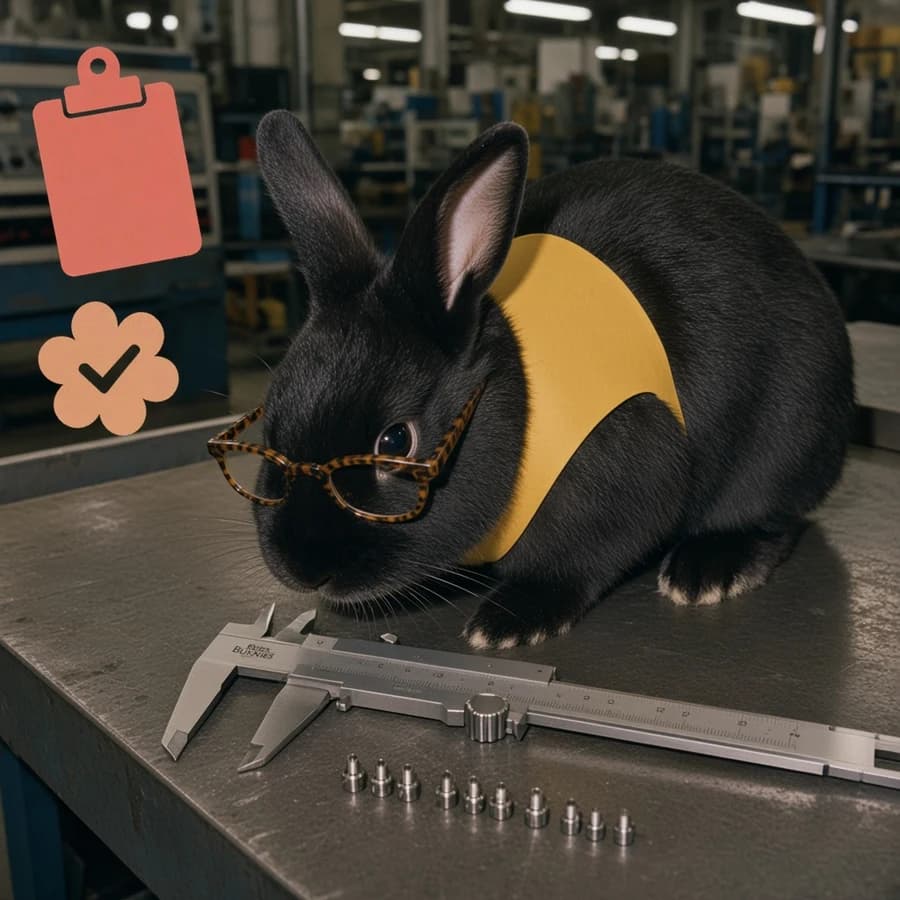 Caliper, a small black rabbit at an inspection bench with a yellow paper vest