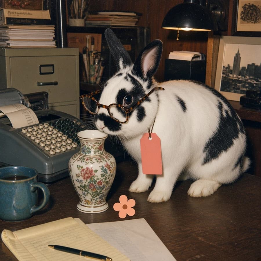 Patina, a black-and-white rabbit inspecting a vase with paper spectacles