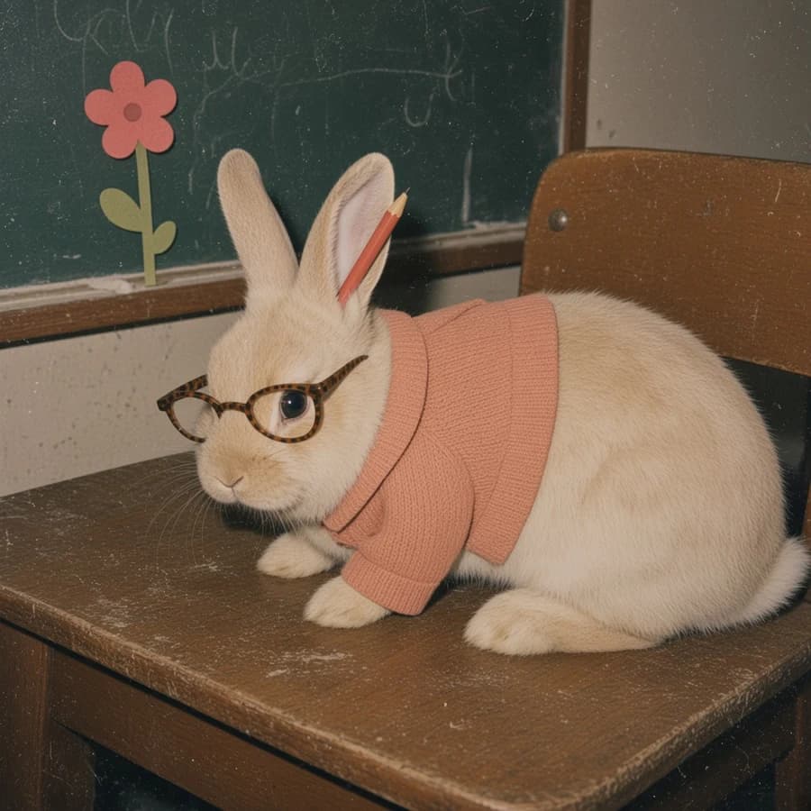 Chalk, a cream rabbit near a chalkboard wearing a peach paper cardigan