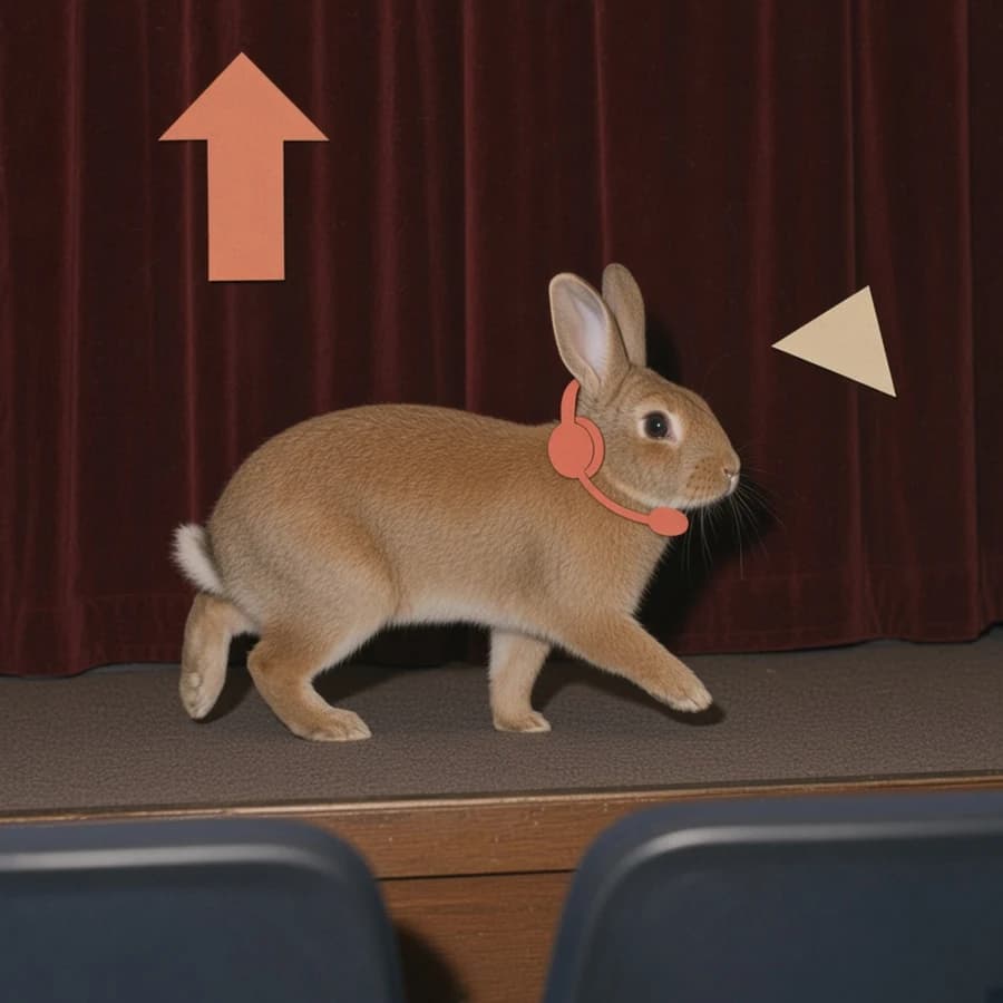 Pep, a russet rabbit on a seminar stage wearing a flat coral paper headset