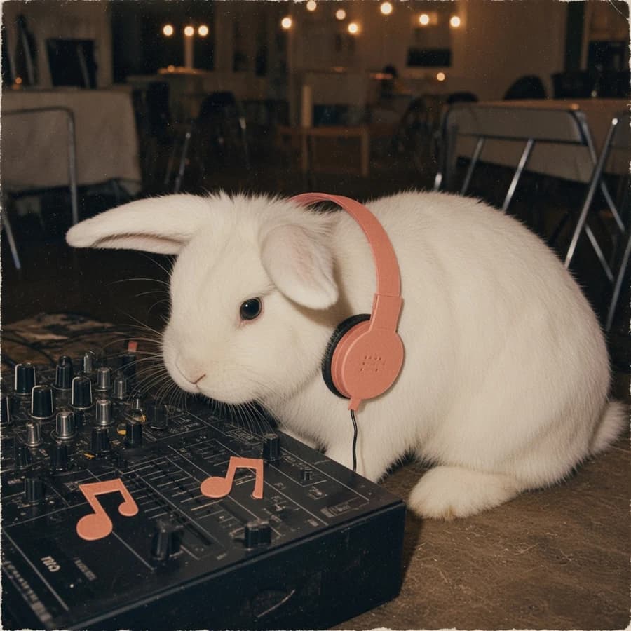 Tempo, a white lop rabbit beside a DJ console with coral paper headphones