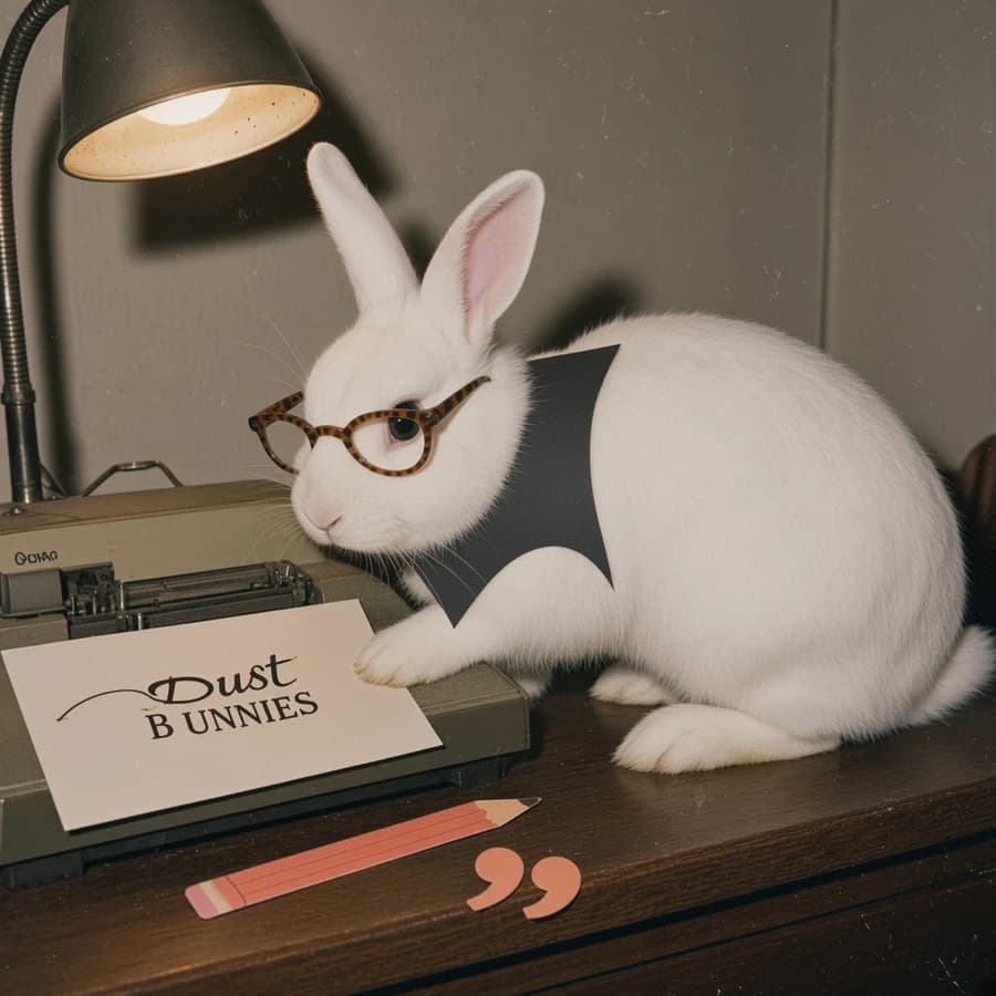 Qwerty, a white rabbit beside a stenotype machine with a black paper collar