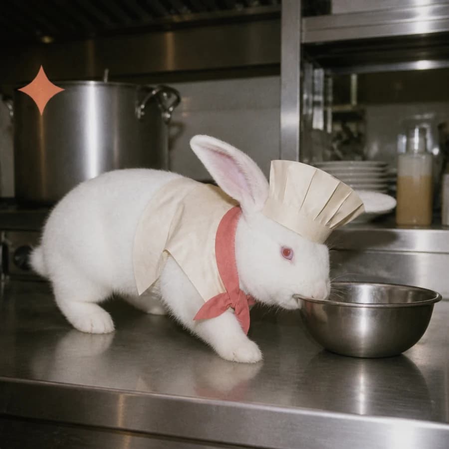 Kimchi, a white rabbit mid-hop on a diner counter in a paper chef cap