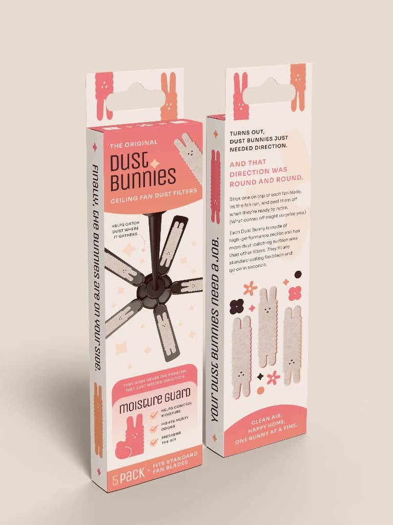 Dust Bunnies ceiling fan dust filter packaging, shown front and back